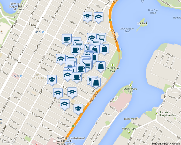 map of restaurants, bars, coffee shops, grocery stores, and more near 519 East 84th Street in New York
