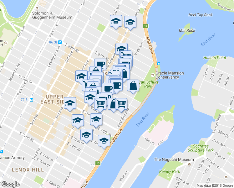 map of restaurants, bars, coffee shops, grocery stores, and more near 1575 York Avenue in New York