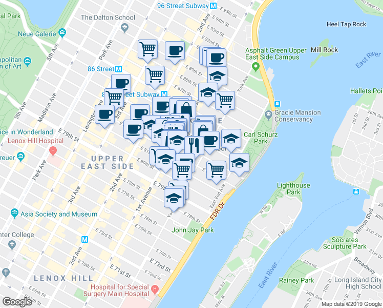 map of restaurants, bars, coffee shops, grocery stores, and more near 408 East 82nd Street in New York