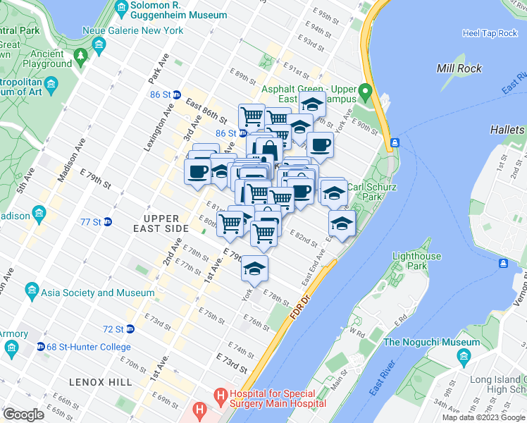map of restaurants, bars, coffee shops, grocery stores, and more near 408 East 82nd Street in New York
