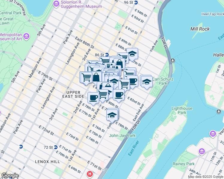 map of restaurants, bars, coffee shops, grocery stores, and more near 1569 1st Avenue in New York