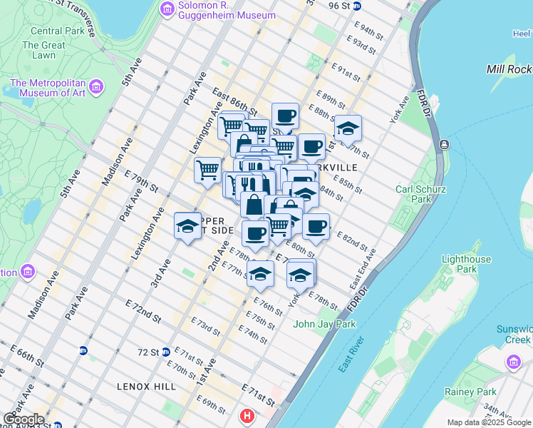 map of restaurants, bars, coffee shops, grocery stores, and more near 313 East 81st Street in New York