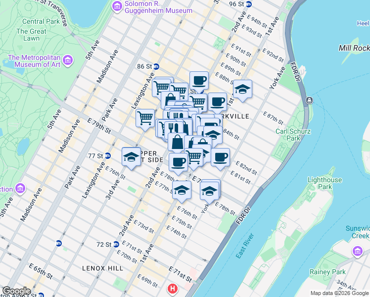 map of restaurants, bars, coffee shops, grocery stores, and more near 326 East 81st Street in New York