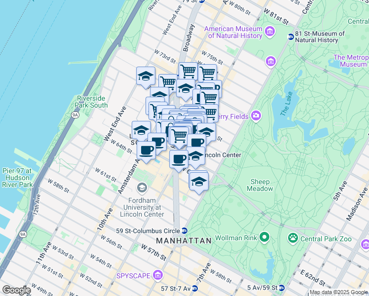 map of restaurants, bars, coffee shops, grocery stores, and more near 150 Columbus Avenue in New York