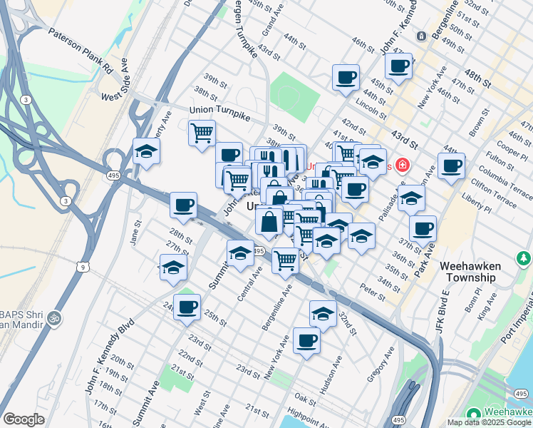 map of restaurants, bars, coffee shops, grocery stores, and more near in Union City