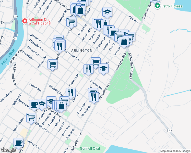 map of restaurants, bars, coffee shops, grocery stores, and more near 636 Elm Street in Kearny