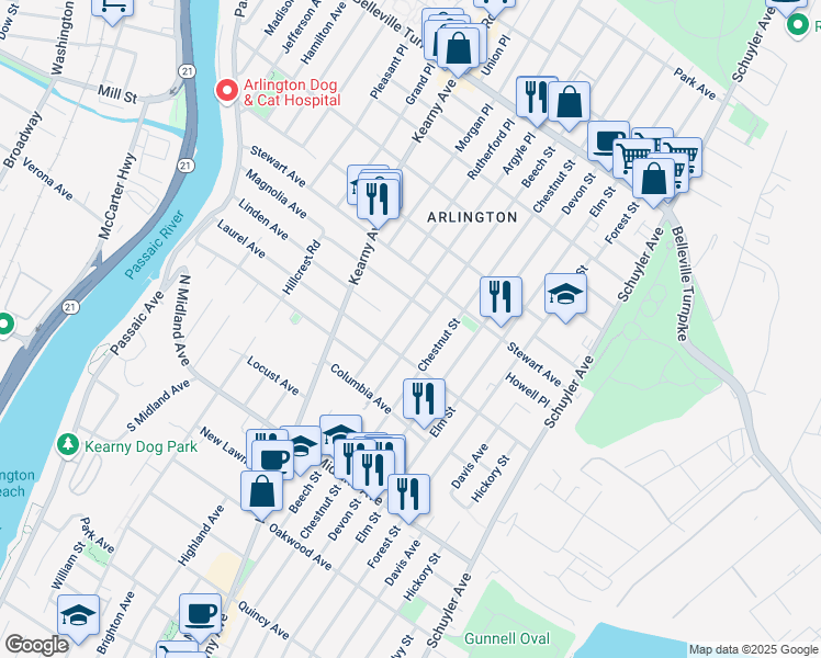 map of restaurants, bars, coffee shops, grocery stores, and more near 126 Argyle Place in Kearny