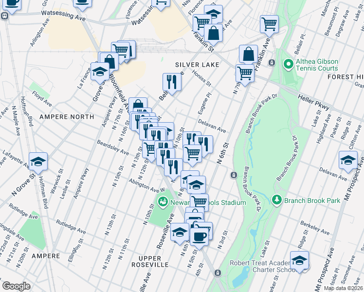 map of restaurants, bars, coffee shops, grocery stores, and more near 552 North 9th Street in Newark