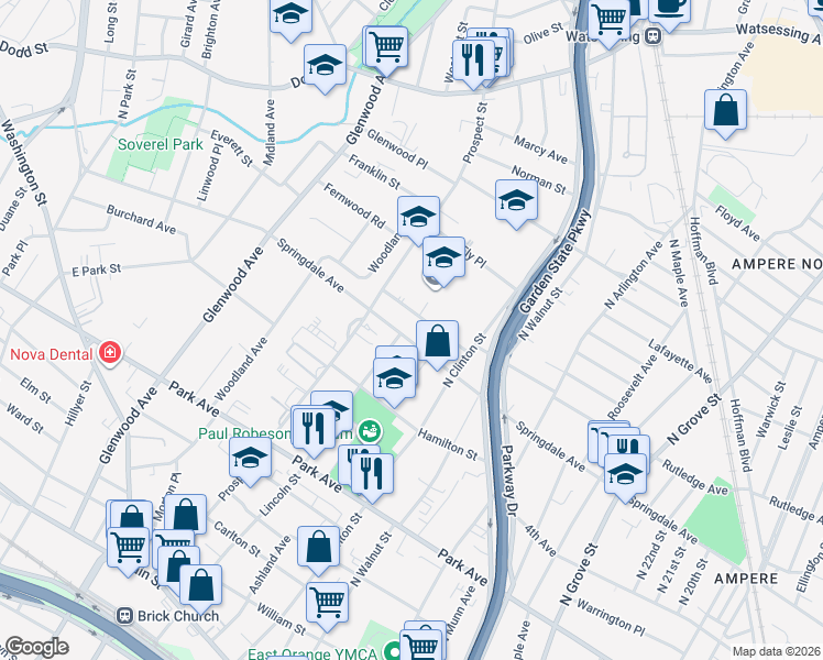map of restaurants, bars, coffee shops, grocery stores, and more near 57 Edgerton Terrace in East Orange