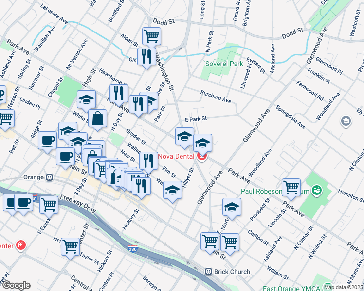 map of restaurants, bars, coffee shops, grocery stores, and more near 730 Park Avenue in East Orange