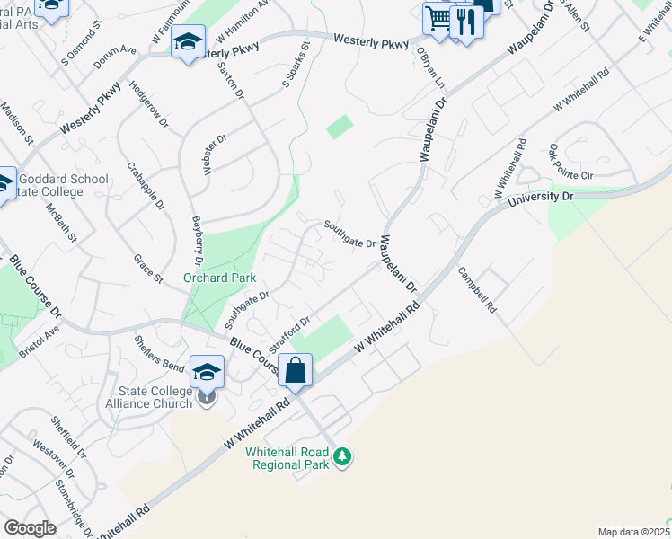 map of restaurants, bars, coffee shops, grocery stores, and more near 1637 Highlandon Court in State College
