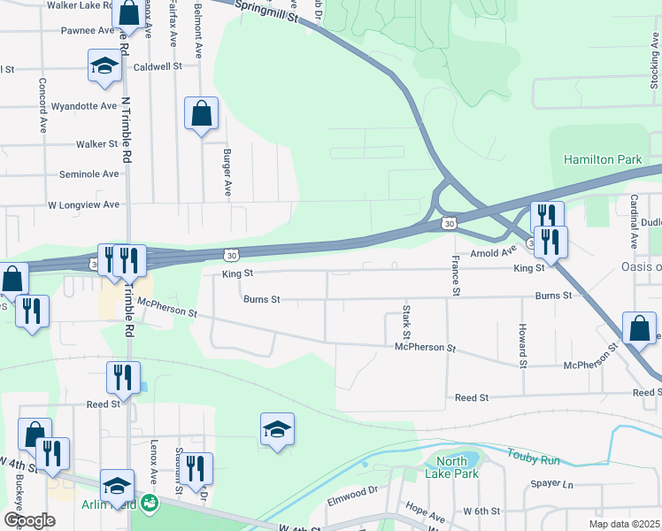 map of restaurants, bars, coffee shops, grocery stores, and more near 778 King Street in Mansfield