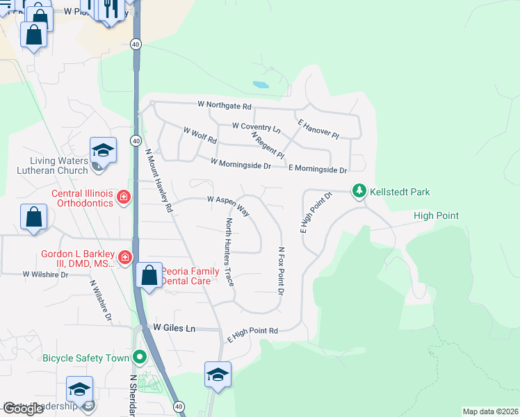 map of restaurants, bars, coffee shops, grocery stores, and more near 7111 North Fox Point Drive in Peoria