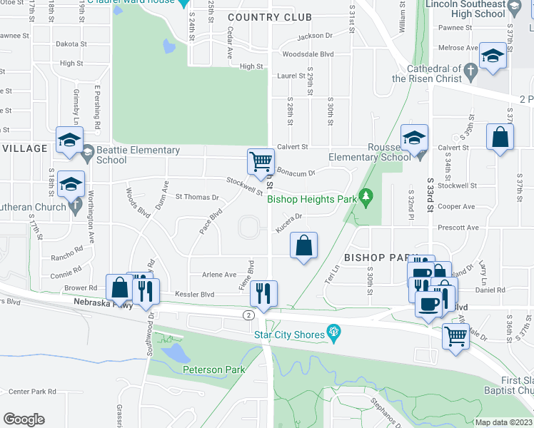 map of restaurants, bars, coffee shops, grocery stores, and more near 3910 South 27th Street in Lincoln