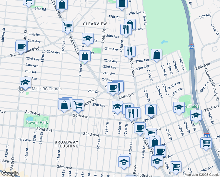 map of restaurants, bars, coffee shops, grocery stores, and more near 166-31 25th Avenue in Queens