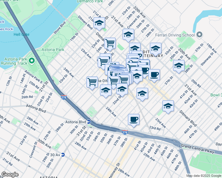 map of restaurants, bars, coffee shops, grocery stores, and more near 2302a 31st Street in Queens