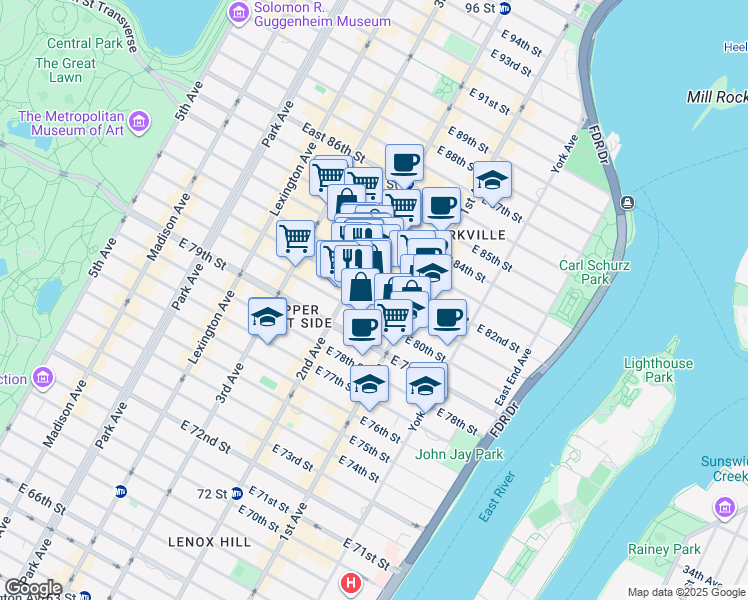 map of restaurants, bars, coffee shops, grocery stores, and more near 324 East 81st Street in New York