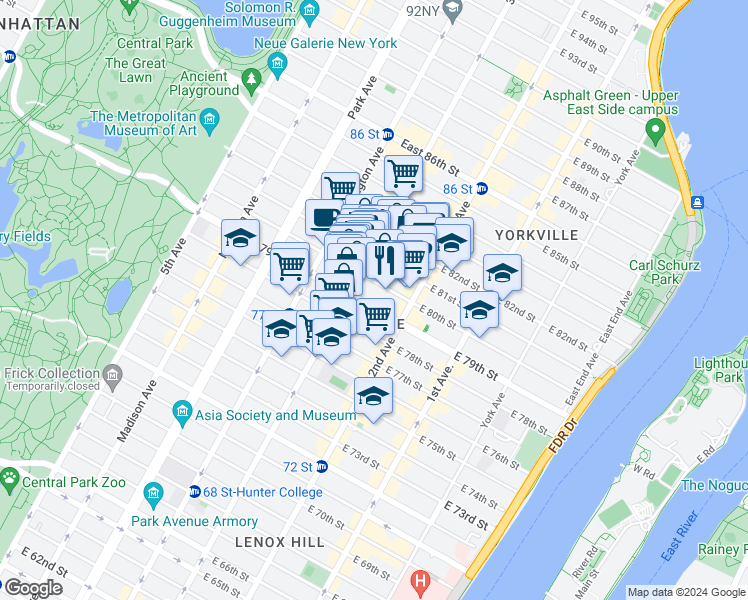 map of restaurants, bars, coffee shops, grocery stores, and more near 222 East 80th Street in New York