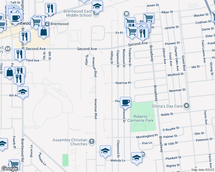 map of restaurants, bars, coffee shops, grocery stores, and more near 134 Hilltop Drive in Brentwood