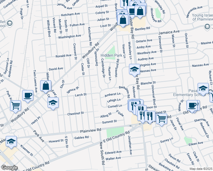 map of restaurants, bars, coffee shops, grocery stores, and more near 18 Hunter Lane in Hicksville
