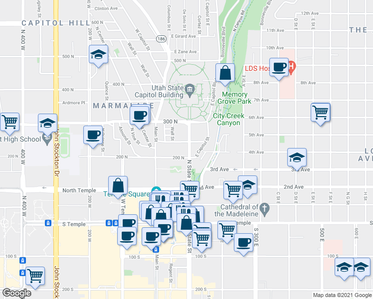 map of restaurants, bars, coffee shops, grocery stores, and more near 225 North State Street in Salt Lake City