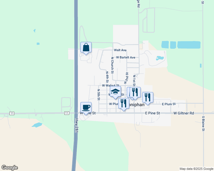map of restaurants, bars, coffee shops, grocery stores, and more near 300 North 4th Street in Doniphan