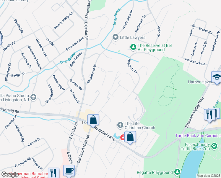 map of restaurants, bars, coffee shops, grocery stores, and more near 9 Schindler Terrace in West Orange