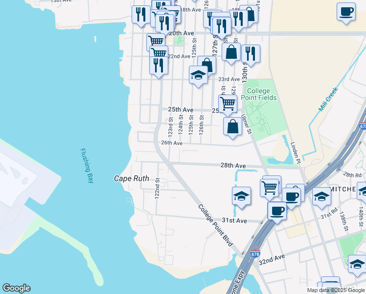 map of restaurants, bars, coffee shops, grocery stores, and more near 123-11 26th Avenue in Queens