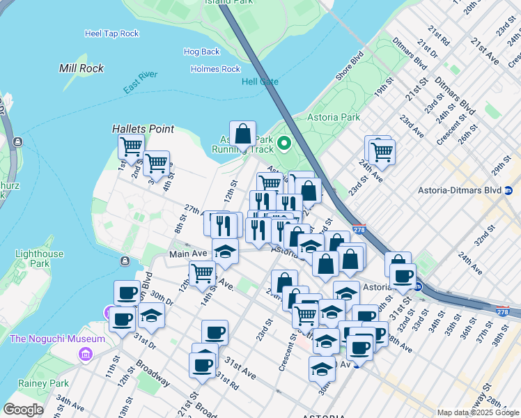 map of restaurants, bars, coffee shops, grocery stores, and more near 14-26 26th Avenue in Queens