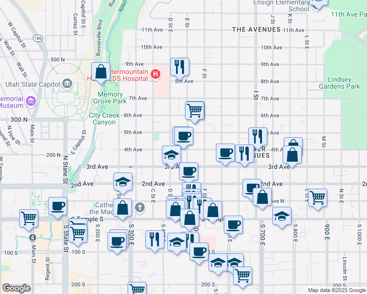 map of restaurants, bars, coffee shops, grocery stores, and more near 385 4th Avenue in Salt Lake City