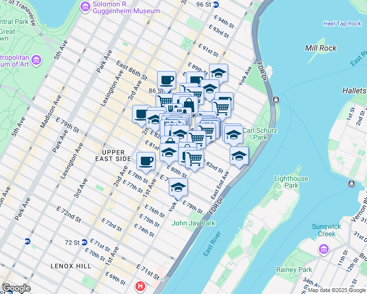 map of restaurants, bars, coffee shops, grocery stores, and more near 411 East 82nd Street in New York