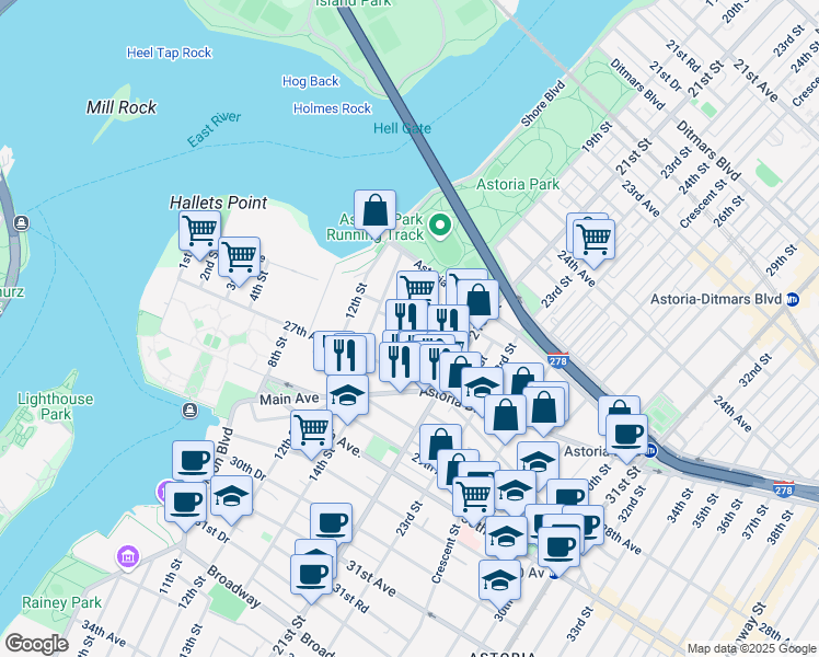 map of restaurants, bars, coffee shops, grocery stores, and more near 25-54 14th Place in Queens