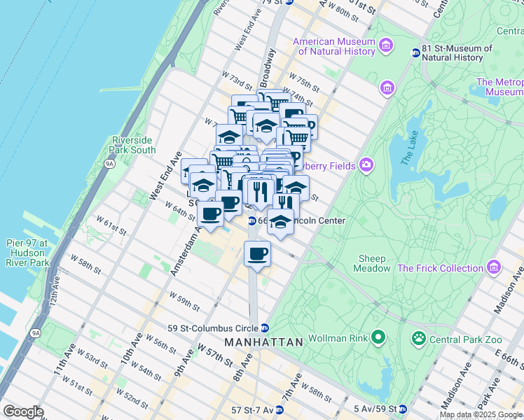 map of restaurants, bars, coffee shops, grocery stores, and more near 2017 Broadway in New York