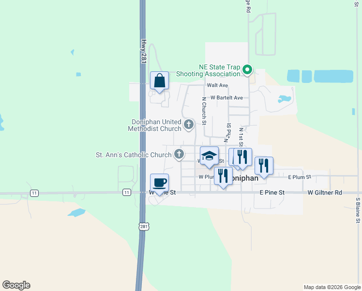 map of restaurants, bars, coffee shops, grocery stores, and more near 498 West Walnut Street in Doniphan