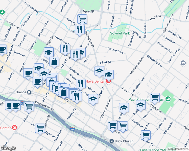 map of restaurants, bars, coffee shops, grocery stores, and more near 725 Park Avenue in East Orange
