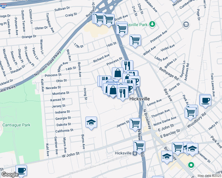 map of restaurants, bars, coffee shops, grocery stores, and more near 1100 Broadway Mall in Hicksville