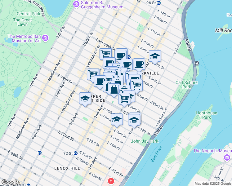 map of restaurants, bars, coffee shops, grocery stores, and more near 318 East 81st Street in New York