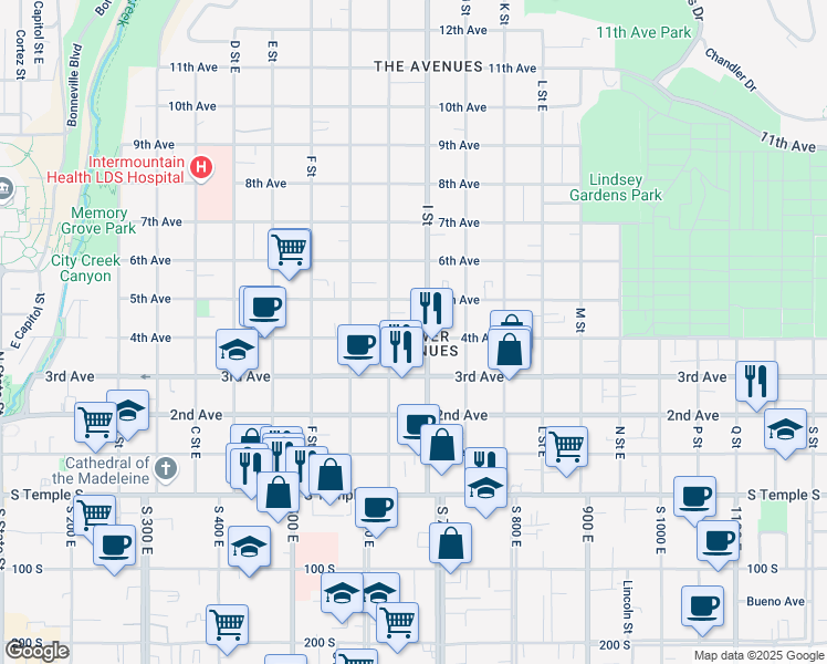 map of restaurants, bars, coffee shops, grocery stores, and more near 579 4th Avenue in Salt Lake City