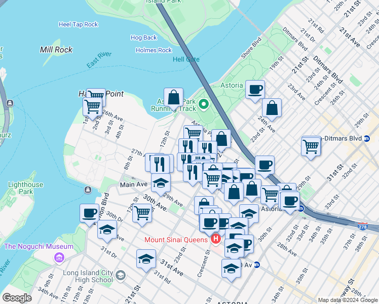 map of restaurants, bars, coffee shops, grocery stores, and more near 25-54 14th Place in Queens