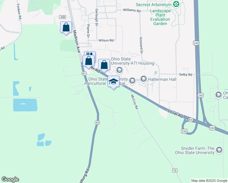 map of restaurants, bars, coffee shops, grocery stores, and more near 1071 Dover Road in Wooster