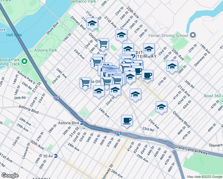 map of restaurants, bars, coffee shops, grocery stores, and more near 2302a 31st Street in Queens