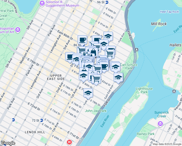 map of restaurants, bars, coffee shops, grocery stores, and more near 408 East 82nd Street in New York
