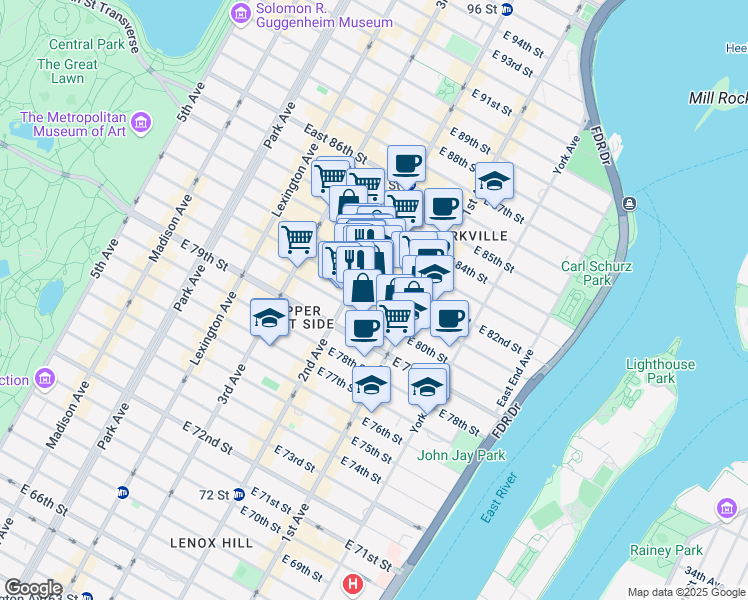 map of restaurants, bars, coffee shops, grocery stores, and more near 313 East 81st Street in New York