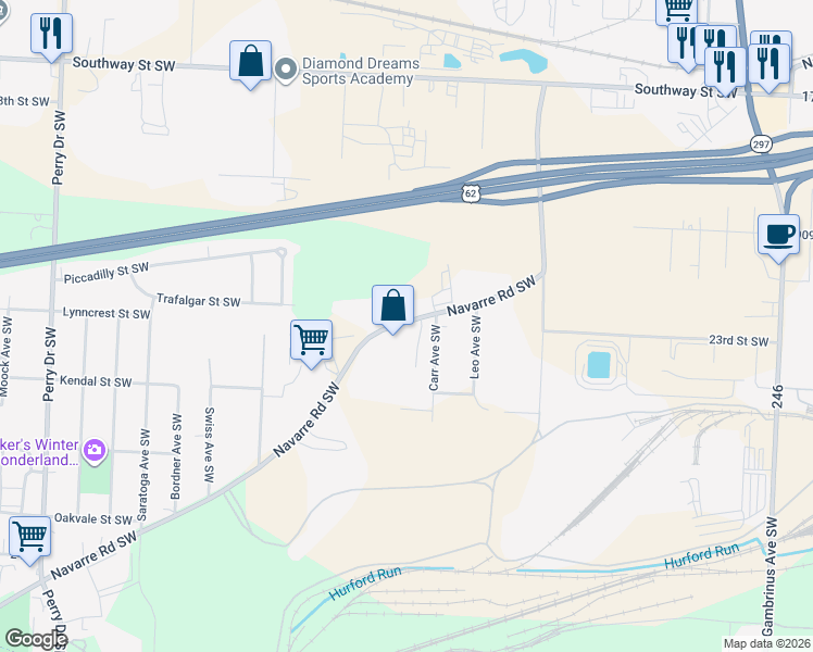 map of restaurants, bars, coffee shops, grocery stores, and more near 4559 Navarre Road Southwest in Canton