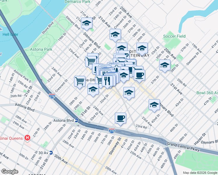 map of restaurants, bars, coffee shops, grocery stores, and more near 23-01 31st Street in Queens