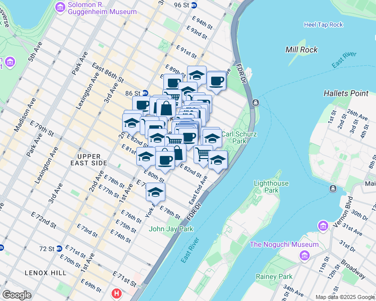 map of restaurants, bars, coffee shops, grocery stores, and more near 1584 York Avenue in New York