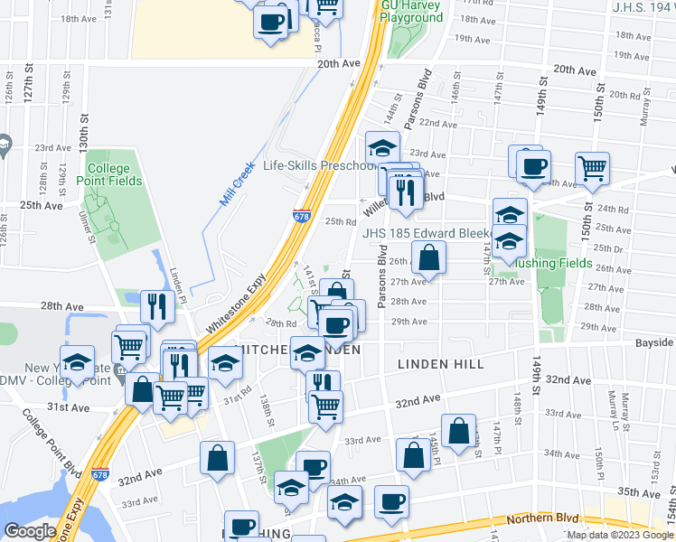 map of restaurants, bars, coffee shops, grocery stores, and more near 26-16 Union Street in Queens