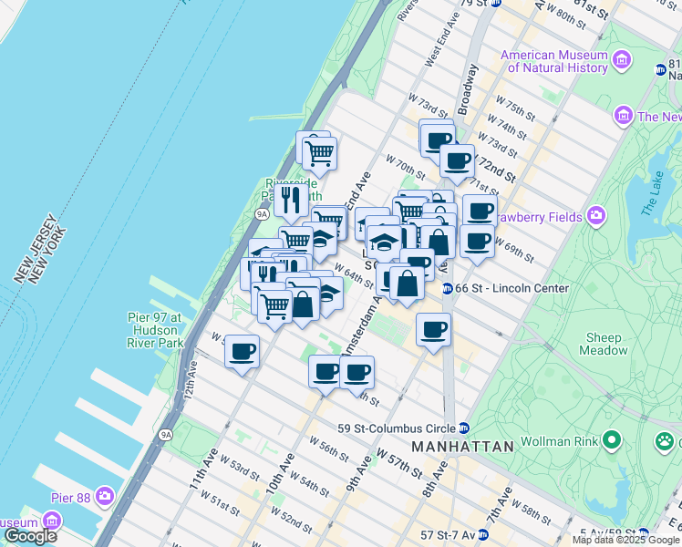 map of restaurants, bars, coffee shops, grocery stores, and more near 248 West 64th Street in New York