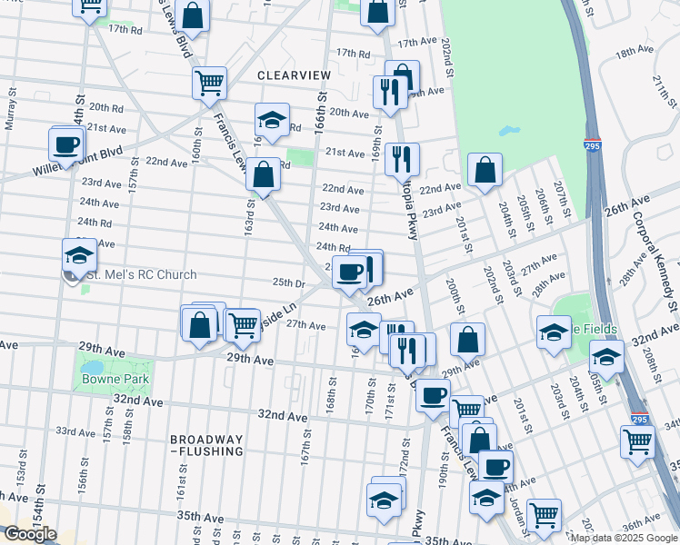 map of restaurants, bars, coffee shops, grocery stores, and more near 166-31 25th Avenue in Queens