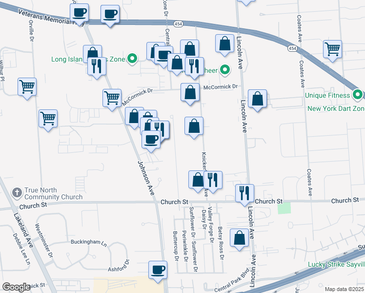 map of restaurants, bars, coffee shops, grocery stores, and more near 279 Central Avenue in Bohemia